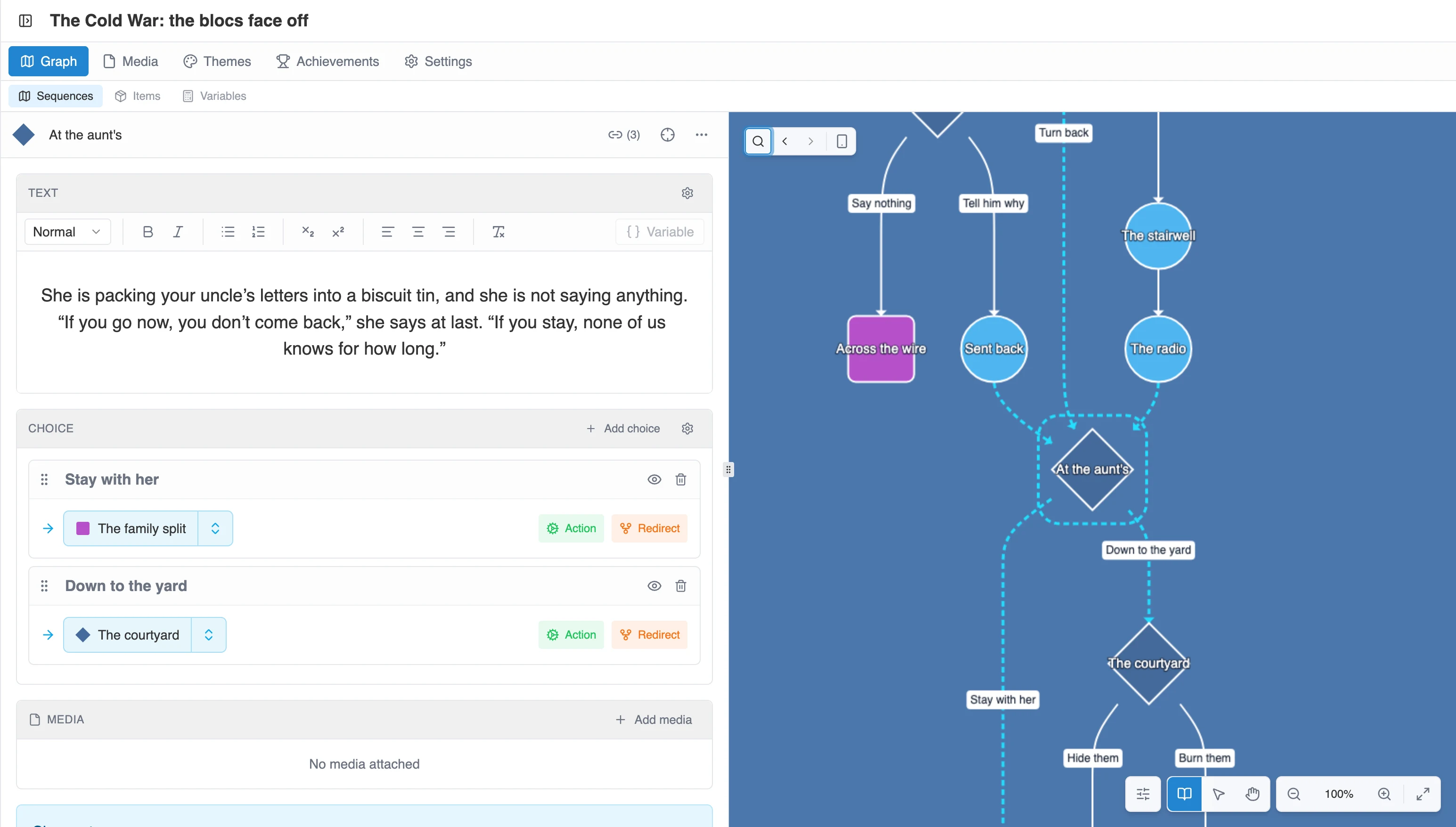 The Moiki editor: a sequence, its two choices, and the graph showing where each one leads